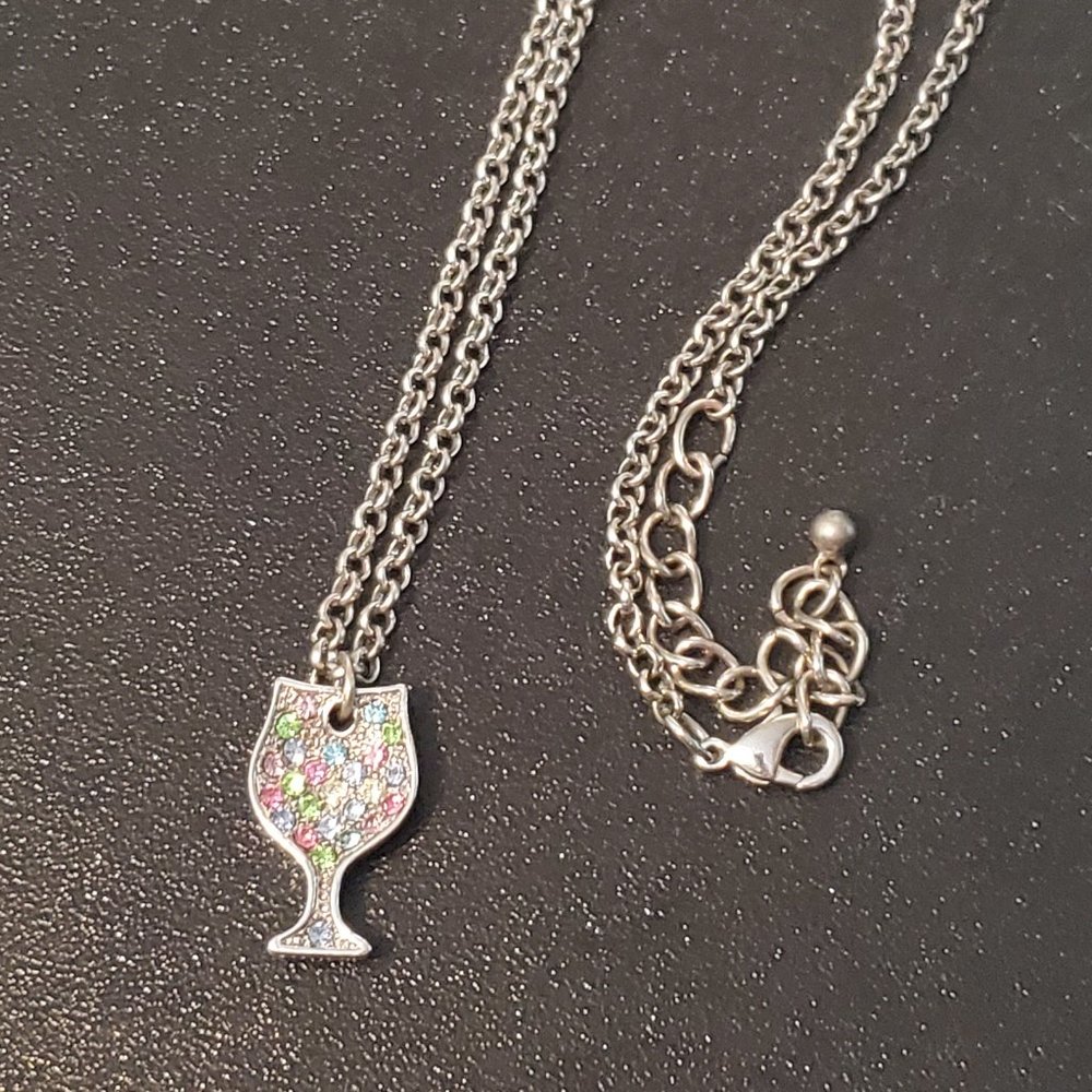 Handmade Wine Chalice Pendant Necklace Rhinestone